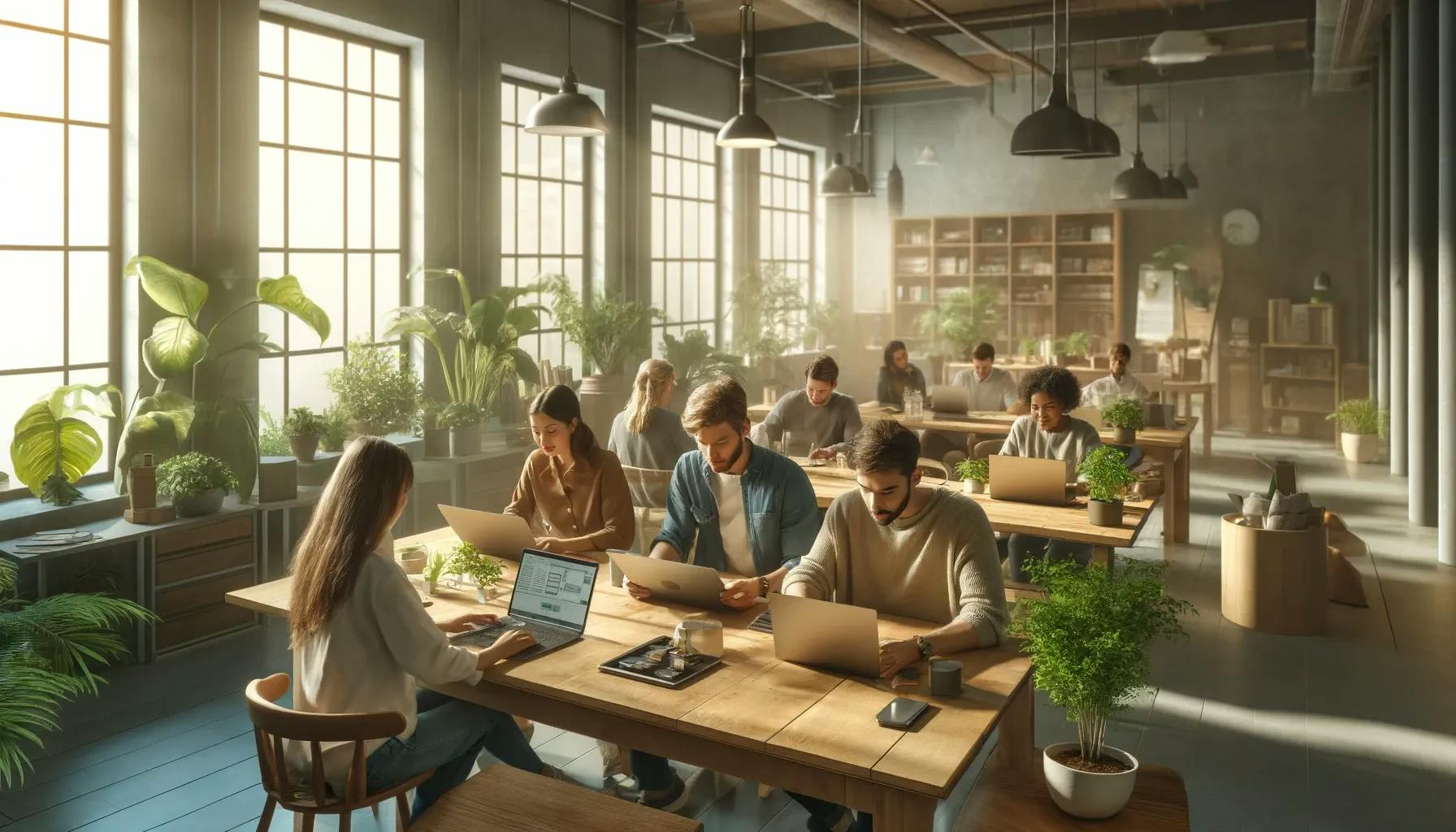 A small group of people working together on laptops in a cosy, environmentally friendly office. The office has plants, natural light and sustainable materials. The atmosphere is relaxed and collaborative, reflecting the support and partnership at every stage of digital development.